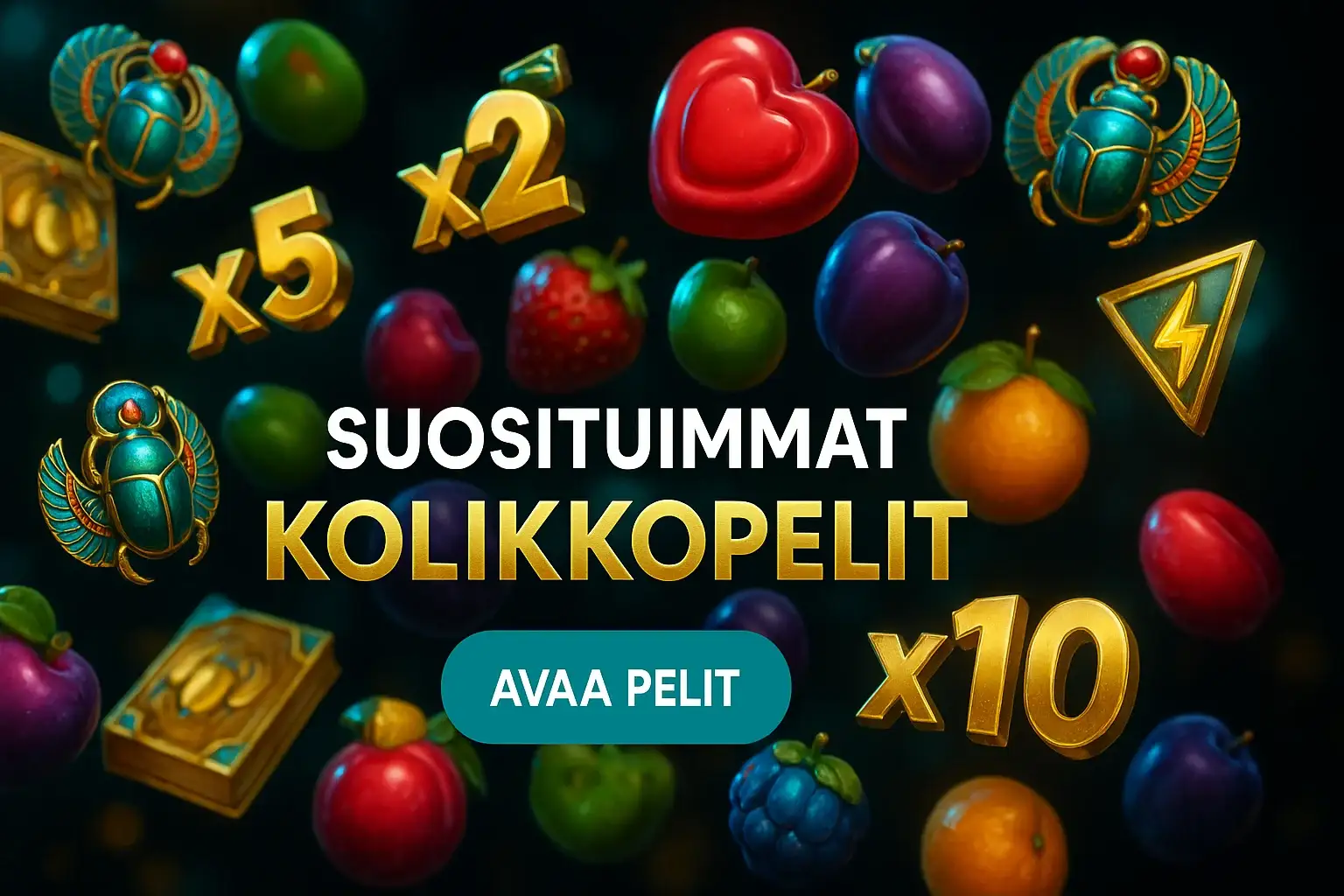 Fotorealistinen suomalainen kasinobanneri, kolikkopelisymbolit ja voittokertoimet tummalla taustalla