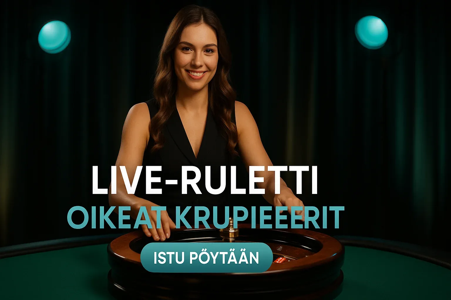 Fotorealistinen live-ruletti banneri, krupieeri ja kultainen ruletinpyörä kasinolla