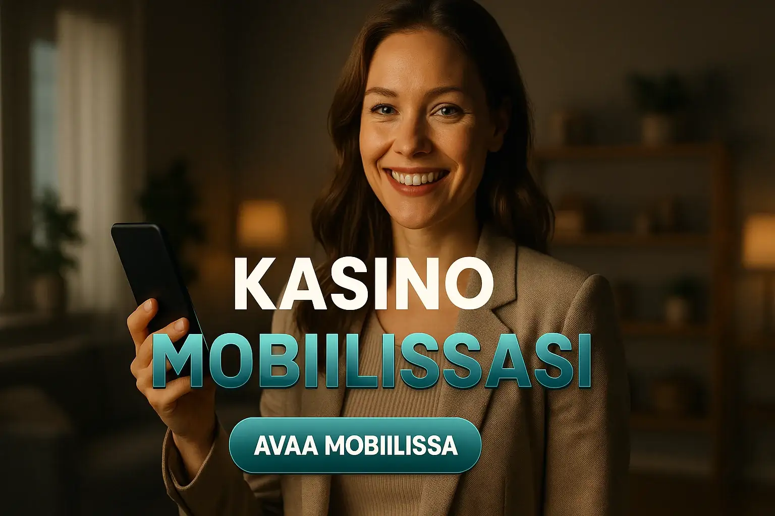 Suomalainen nainen pitelee älypuhelinta kasinomainosbannerissa skandinaavisessa asunnossa