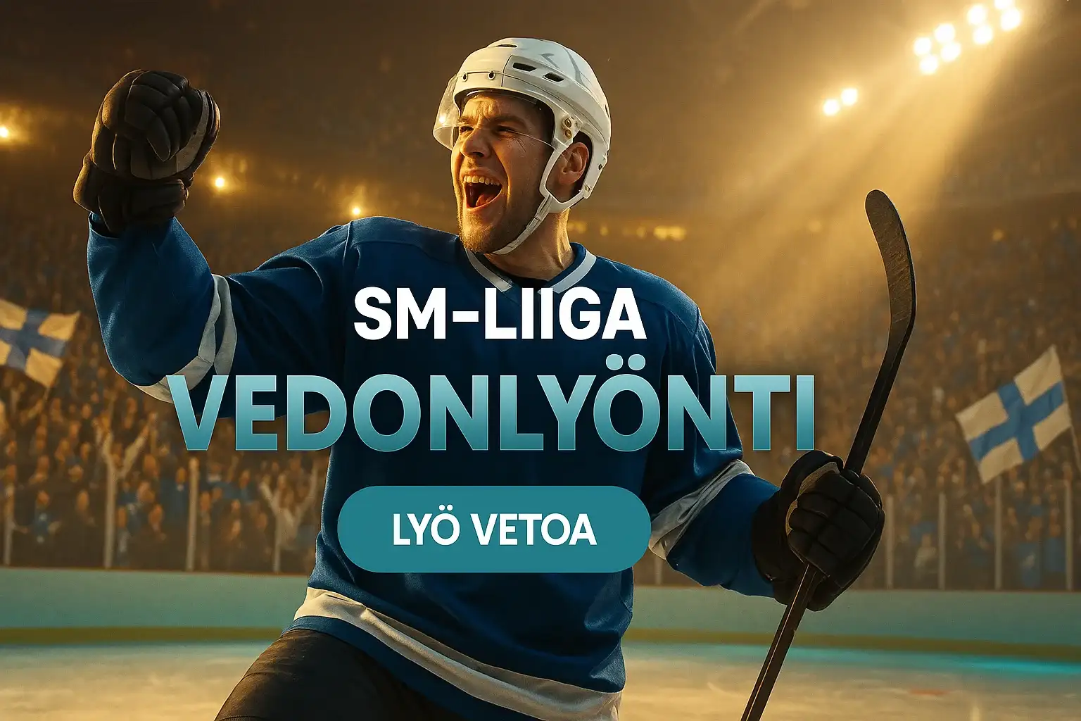 Suomalainen jääkiekkoilija juhlii maalia, SM-liiga vedonlyönti kasinobanneri areenalla